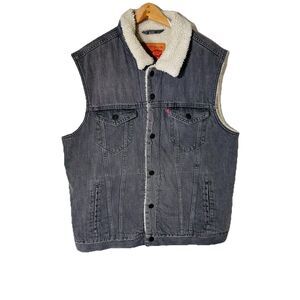Levi's Men's Sherpa Trucker Vest Grey Sz Large Regular Fit Snap Front Jean Denim